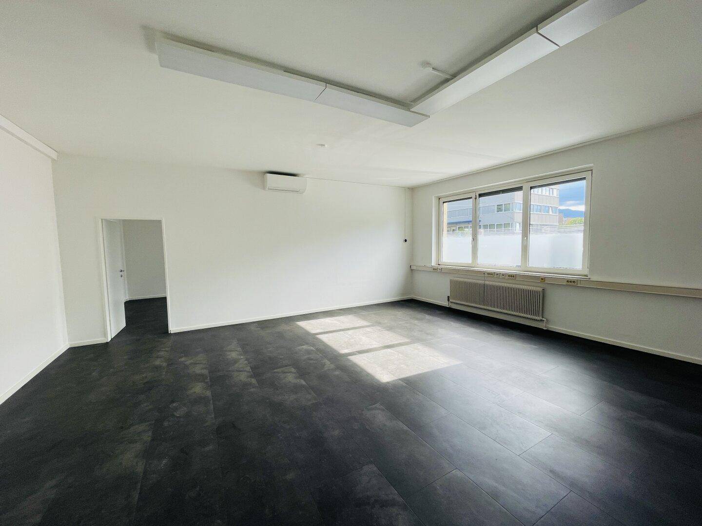 Helles Büro mit Klimaanlage, dunklem Vinylboden und großen Fenstern.