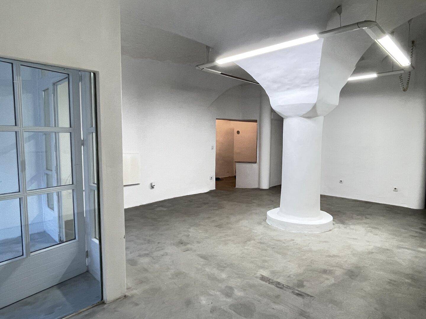 Heller, offener Raum mit Betonboden, gewölbter Decke und großen Glastüren, die den Zugang ermöglichen.