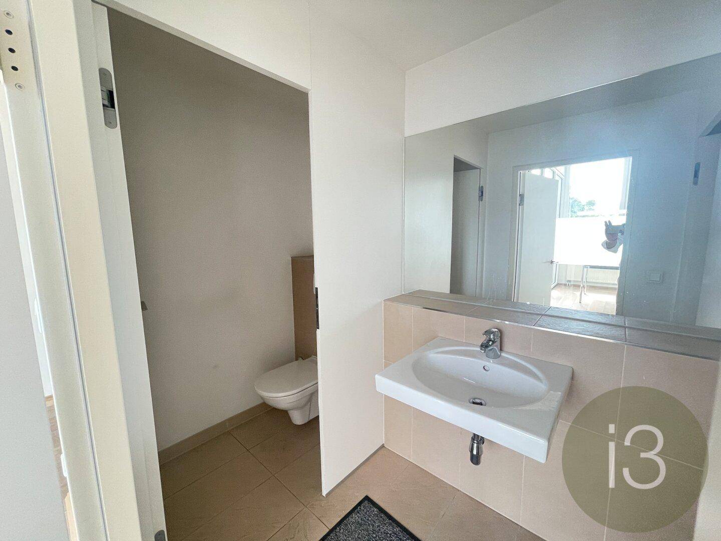 Kleines Badezimmer mit Waschbecken, Spiegel und wandhängender Toilette, funktional und hell gestaltet.