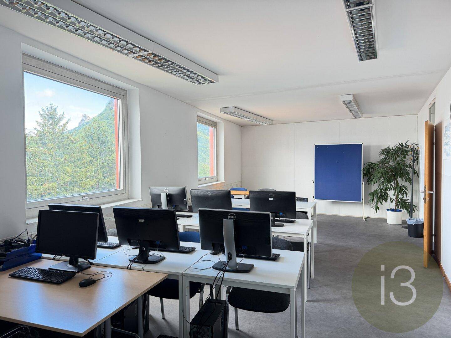 Einfaches Büro mit Computern, Schreibtischen und einem grünen Ausblick durch die Fenster.