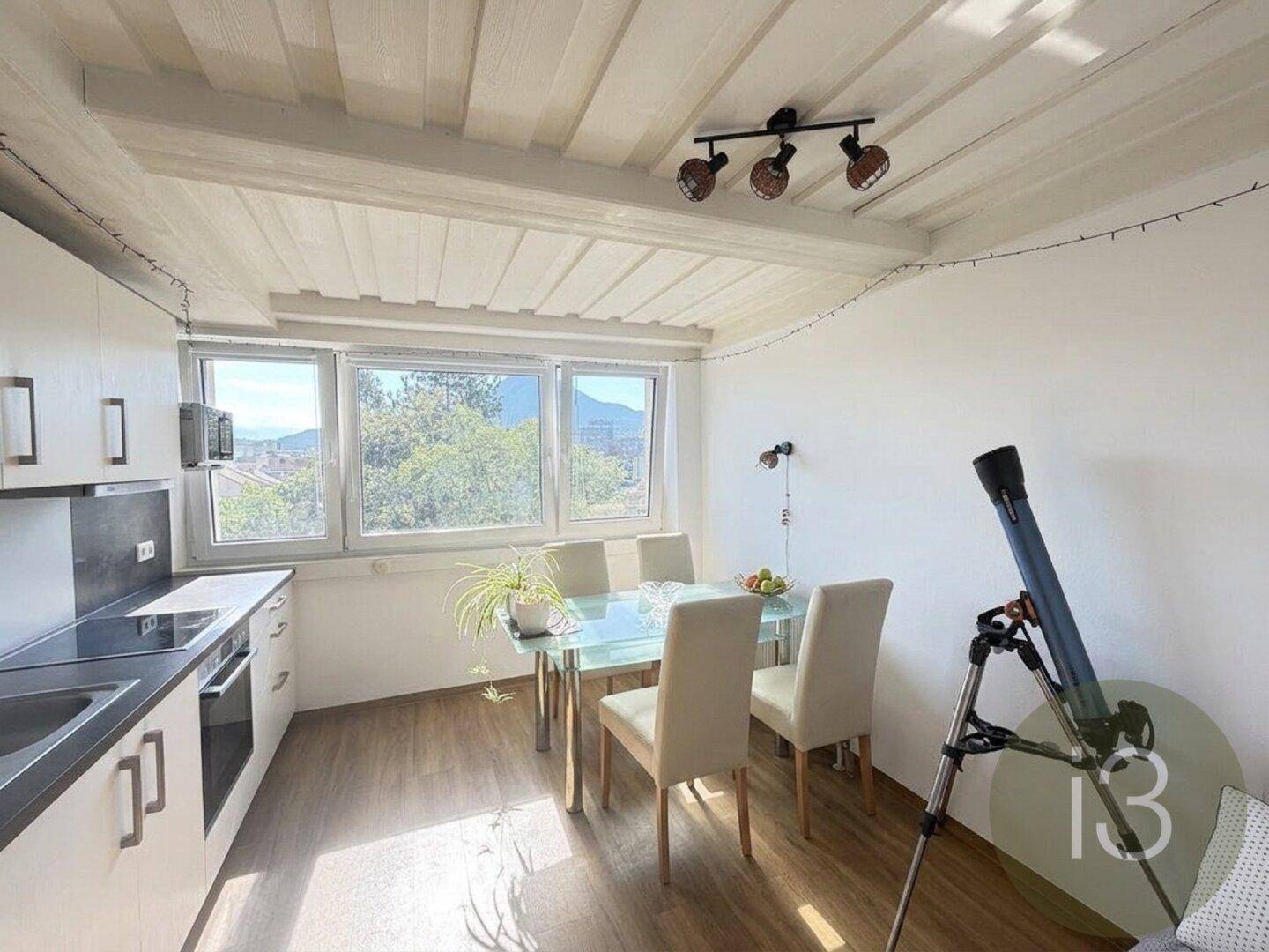 Helle Wohnküche mit Essbereich, modernen Geräten und Blick ins Grüne durch große Fenster.