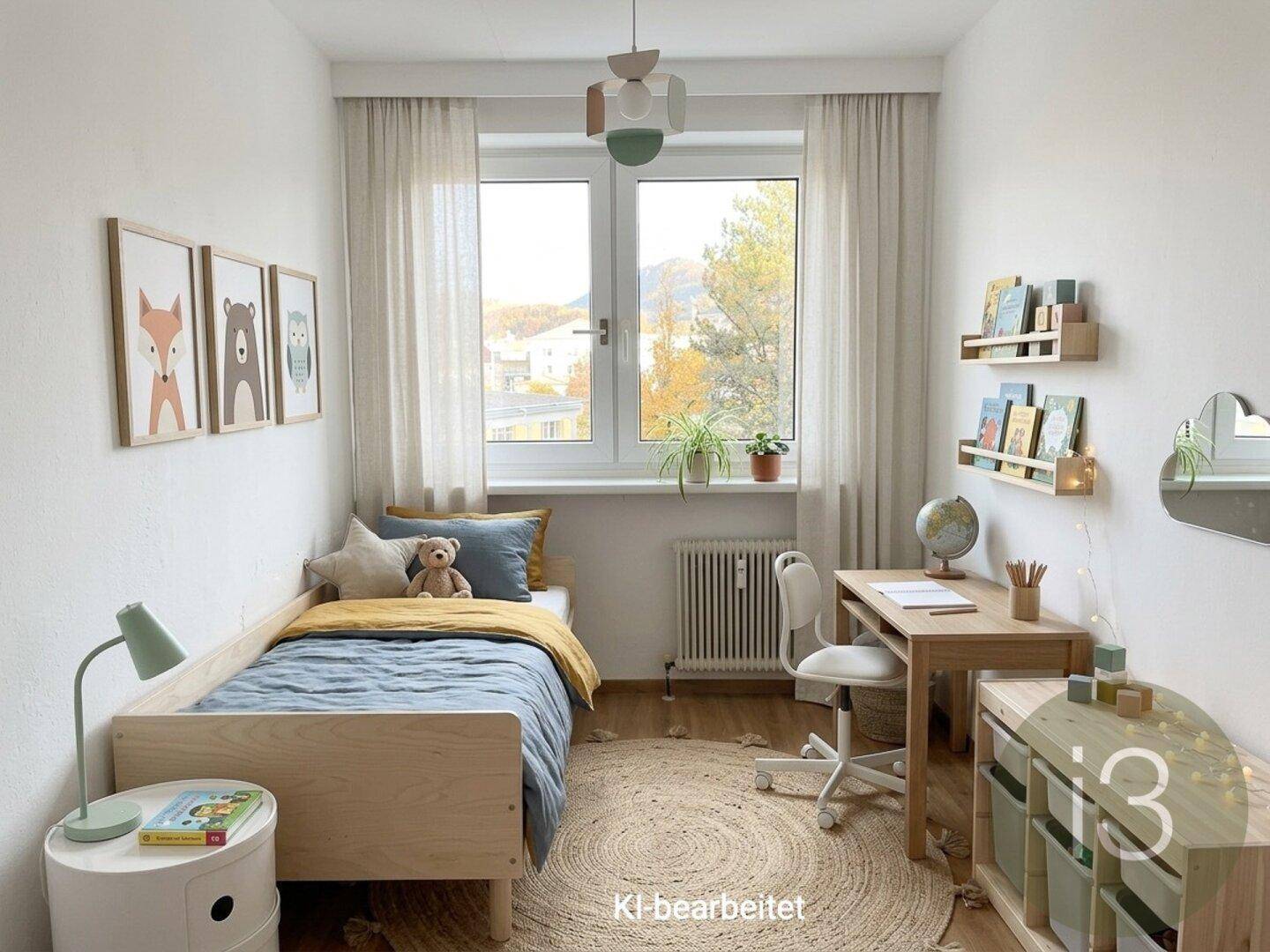 Kinderzimmer mit Einzelbett, Schreibtisch und Blick aus dem Fenster auf die Umgebung.
