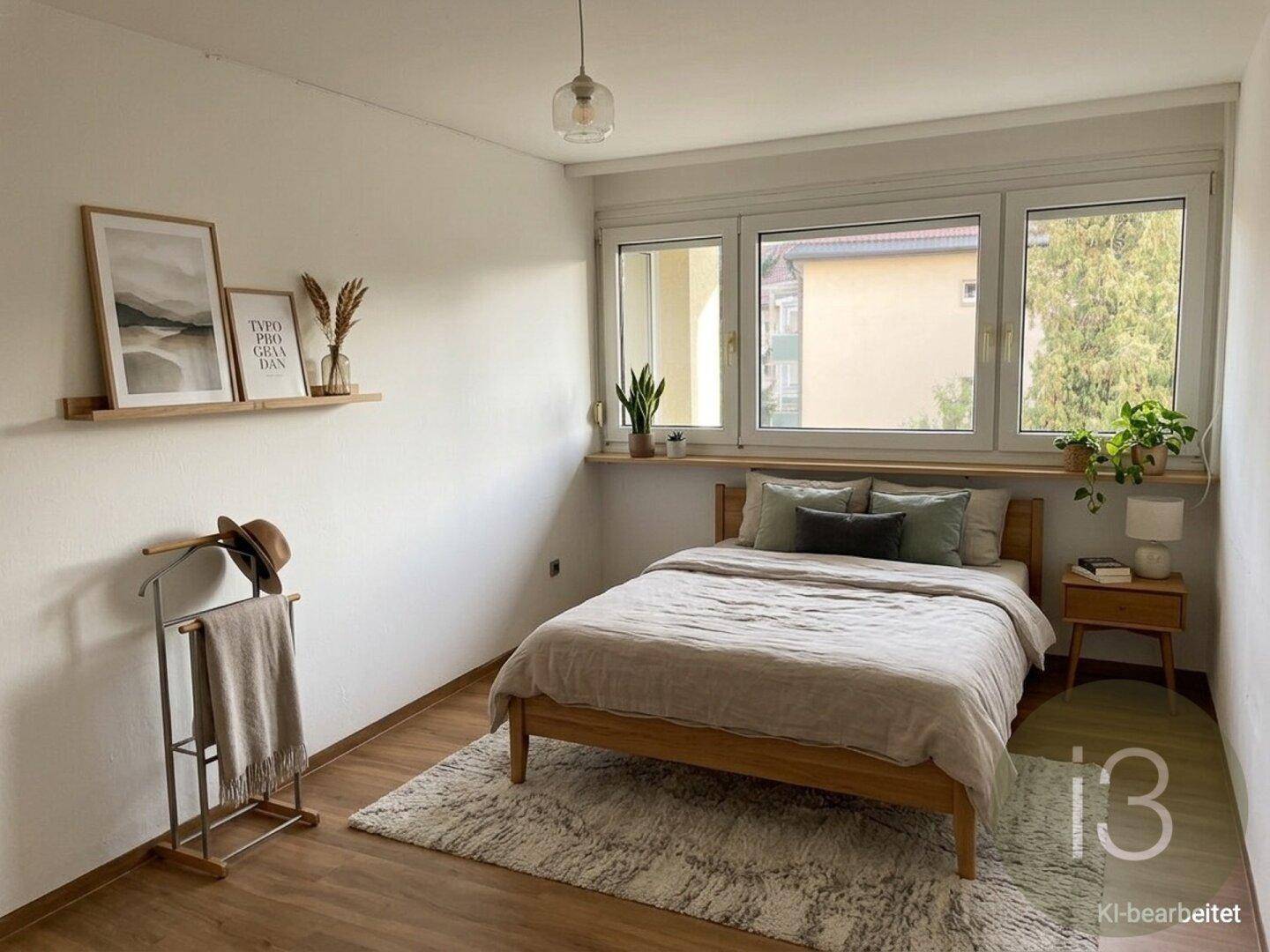 Helles Schlafzimmer mit Holzbett, Teppich und Fensterblick auf die umliegenden Gebäude und Bäume.