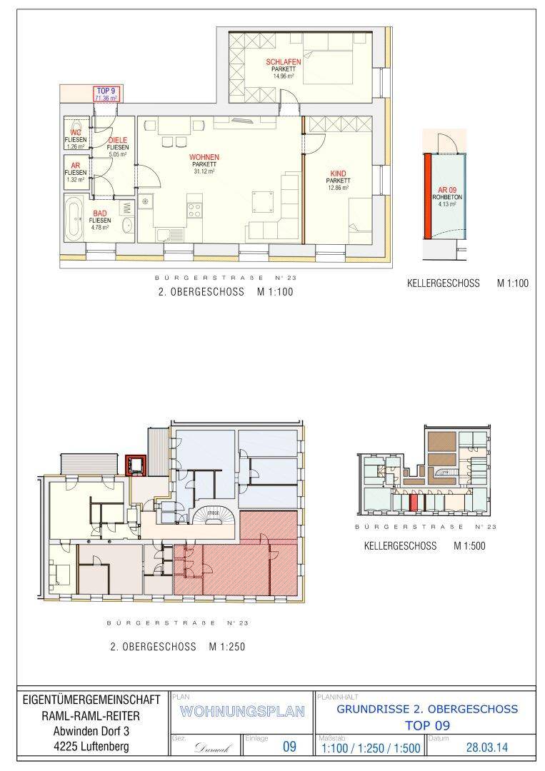 Detaillierter Grundriss des zweiten Obergeschosses mit Raumaufteilung und Kellergeschoss.
