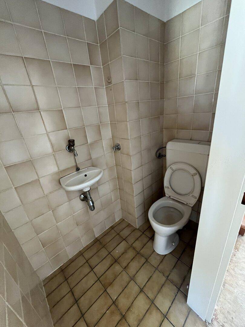 Separates WC mit beigefarbenen Fliesen, Toilette und kleinem Waschbecken im 80er-Jahre-Stil.