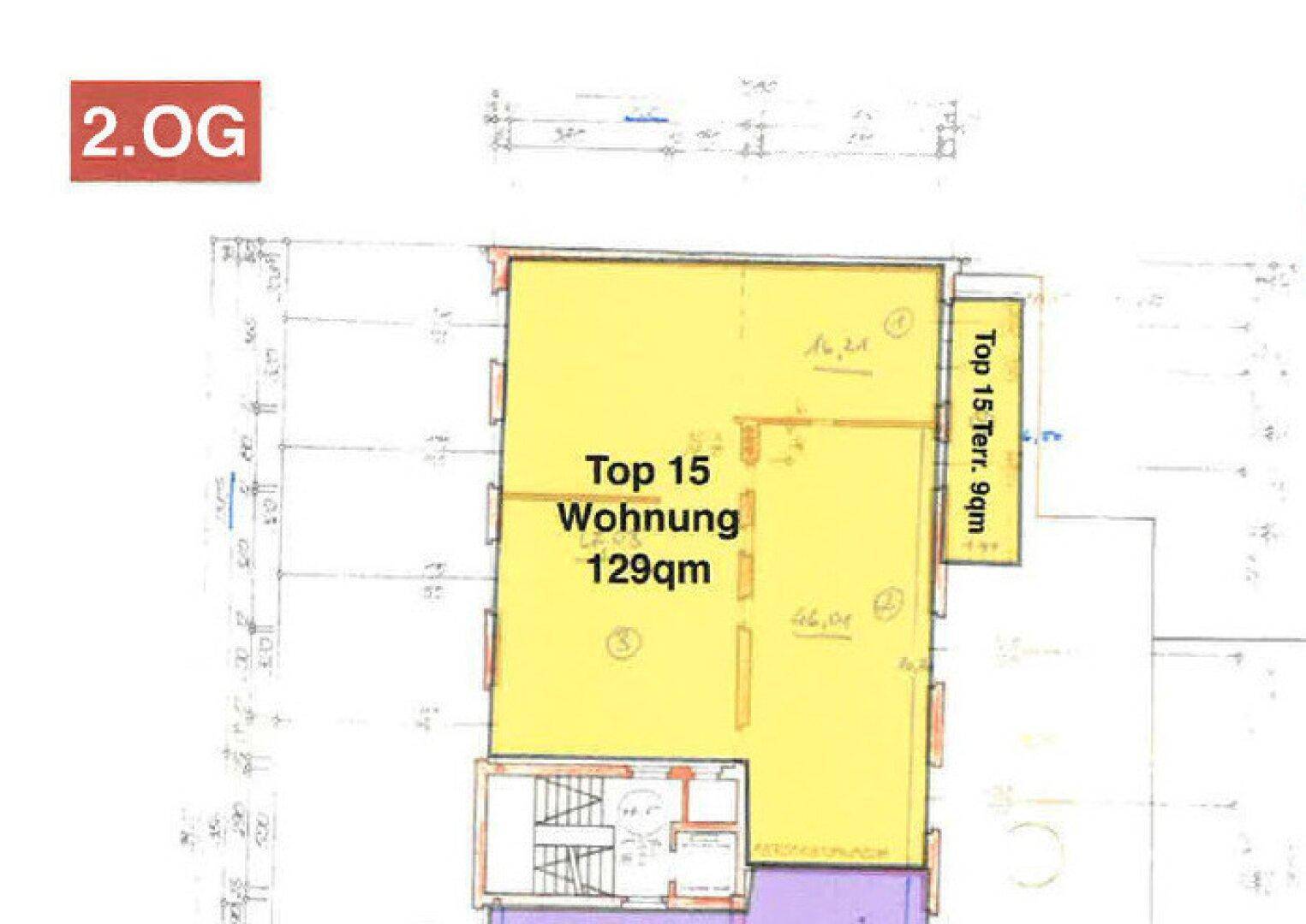 Grundriss der Wohnung Top 15 im 2. Obergeschoss mit 129m² und Terrasse.