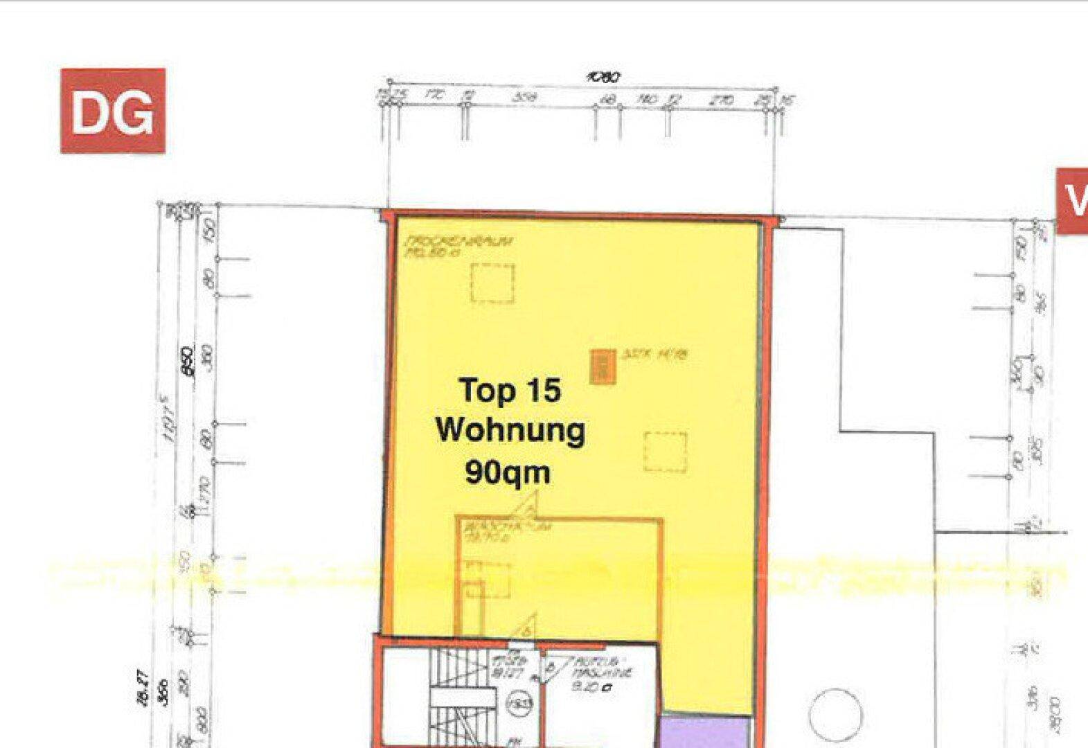 Grundriss der Dachgeschosswohnung Top 15 mit 90m² Wohnfläche.