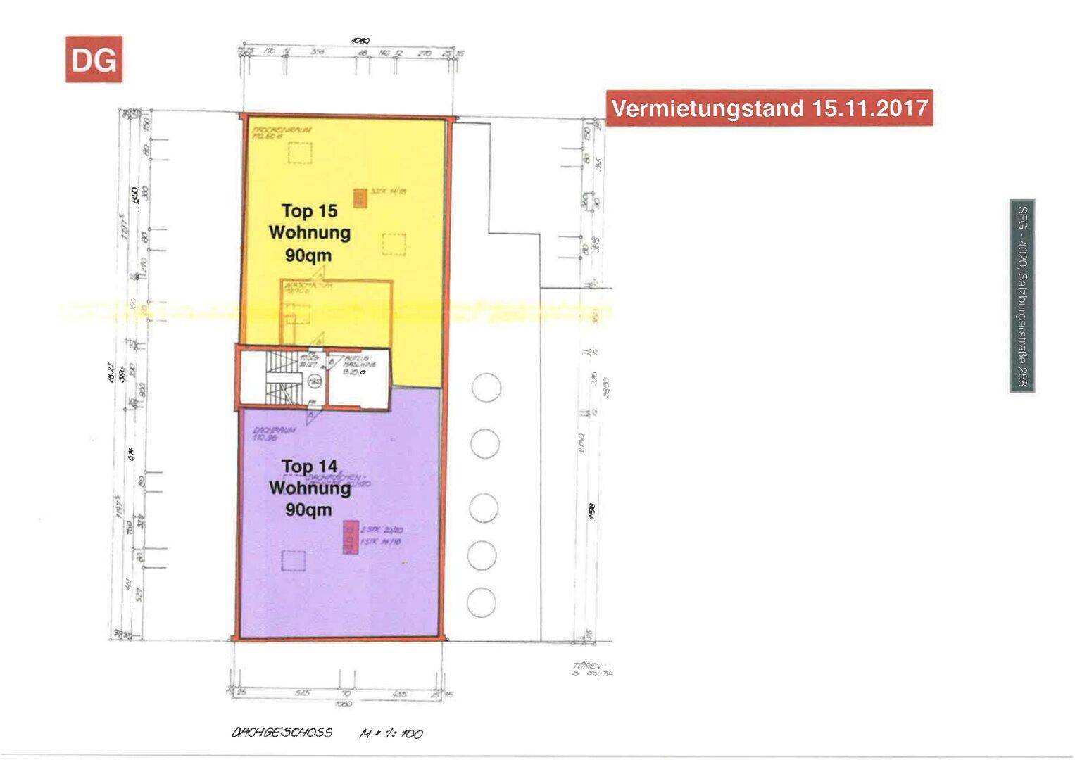 Grundriss der Dachgeschosswohnungen Top 14 und Top 15 mit 90m² Wohnfläche.