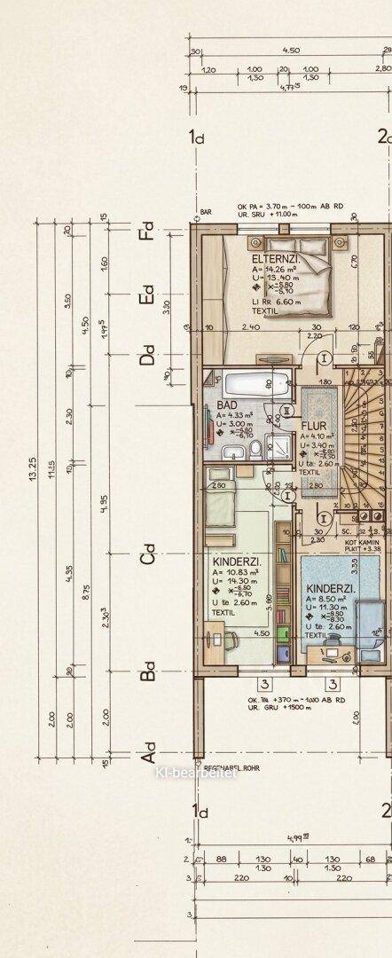 Grundriss des Obergeschosses mit Elternschlafzimmer, zwei Kinderzimmern und einem Badezimmer.
