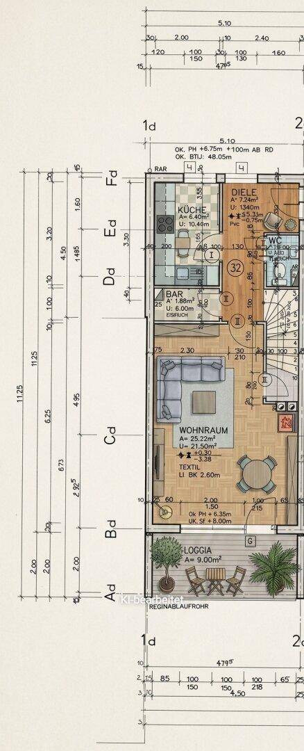 Grundriss des Erdgeschosses mit offenem Wohnbereich, Küche, Bar und einer Loggia.