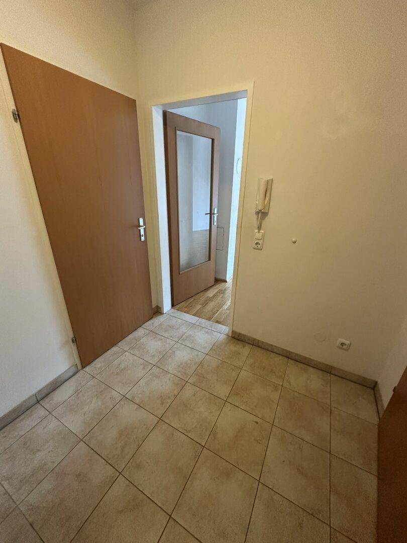 Eingangsbereich mit Fliesenboden, zwei Türen und Gegensprechanlage.