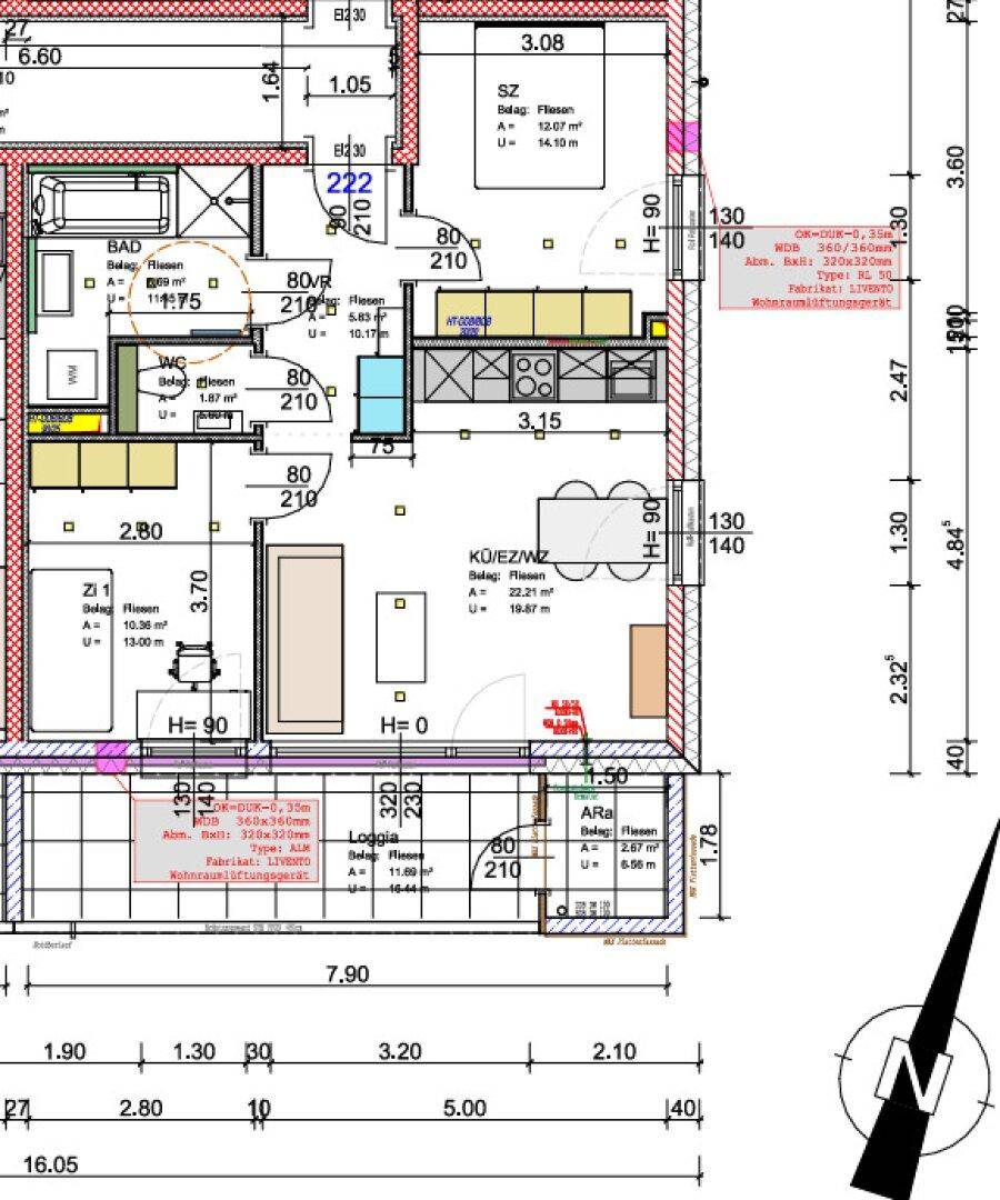 Detaillierter Grundriss einer Wohnung mit offenem Wohnbereich, Loggia und mehreren Zimmern.