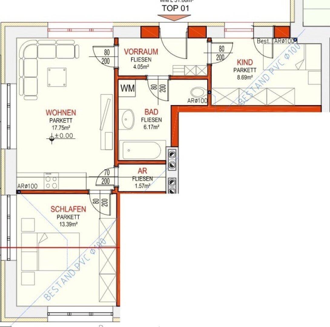 Detaillierter Grundriss einer Wohnung mit Wohn-, Schlaf- und Kinderzimmer sowie Bad.