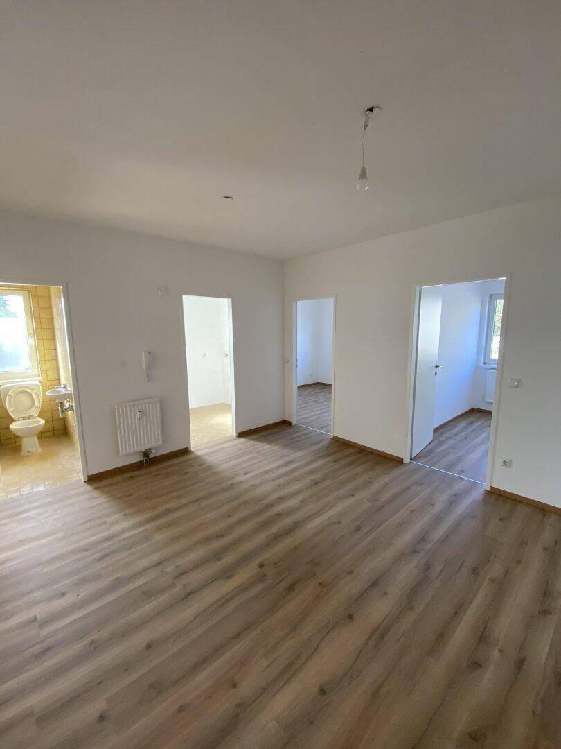 Leerer Flur mit Laminatboden und Zugang zu mehreren Räumen, inklusive Bad.