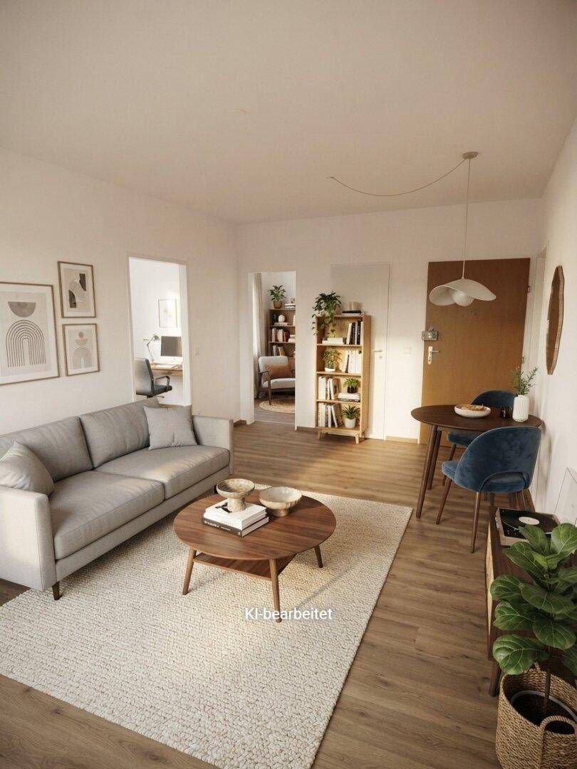 Gemütlicher Wohnbereich mit Sofa, kleinem Esstisch und Blick in angrenzende Räume, KI-bearbeitet.