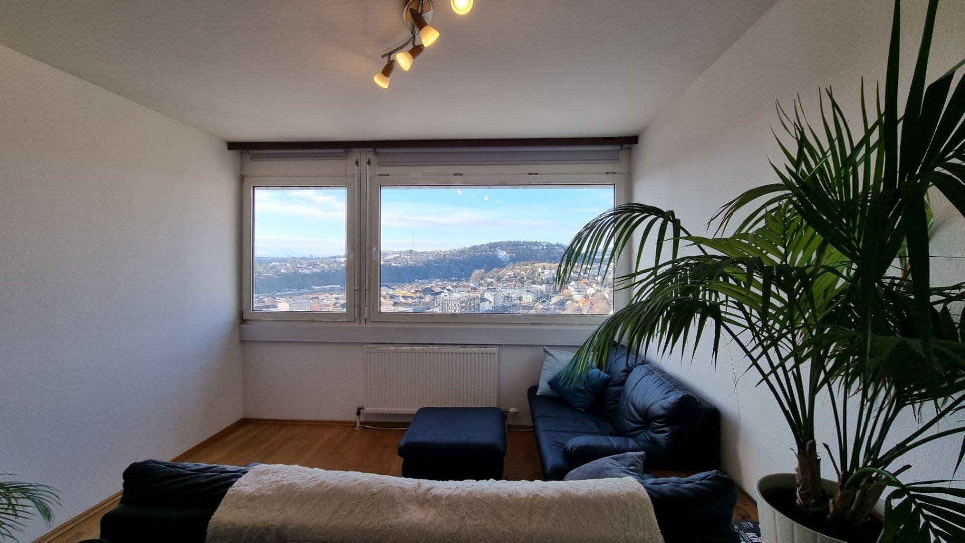 Gemütliches Wohnzimmer mit Sofa, Pflanzen und weitem Blick aus dem Fenster.