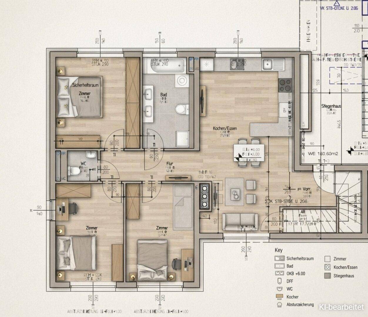 Detaillierter Grundriss einer Wohnung mit mehreren Schlafzimmern, separatem WC, Bad und offenem Koch-/Essbereich.