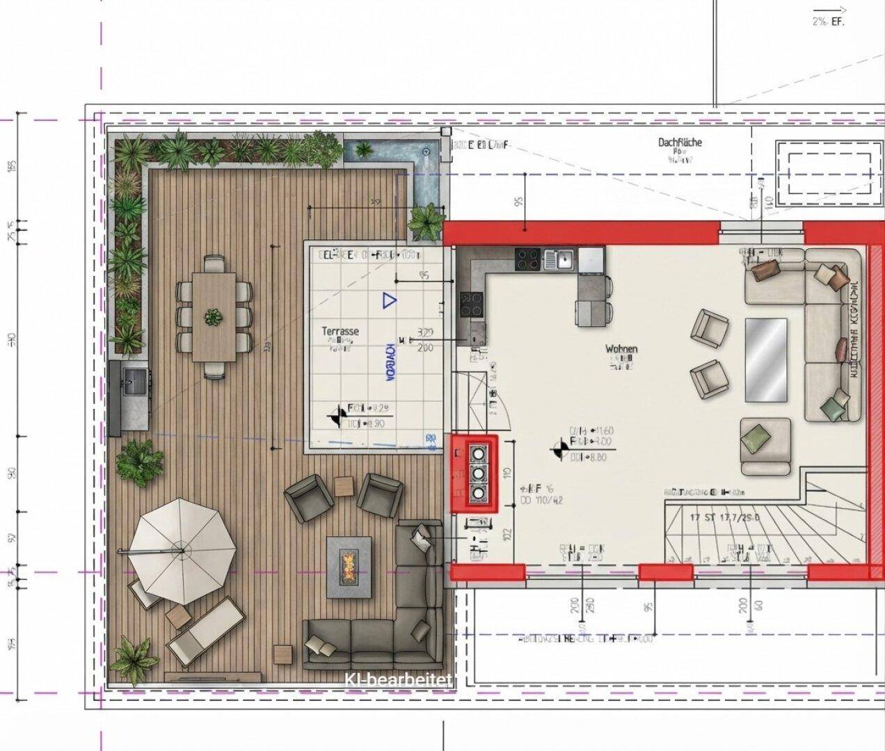Grundriss mit großem Wohnbereich und weitläufiger Terrasse, ausgestattet mit Ess- und Loungebereich.