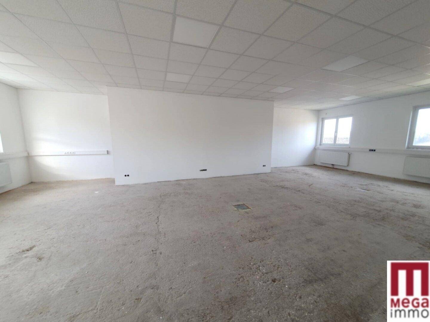 Großer, leerer Büroraum mit weißen Wänden, abgehängter Decke und Fenstern.