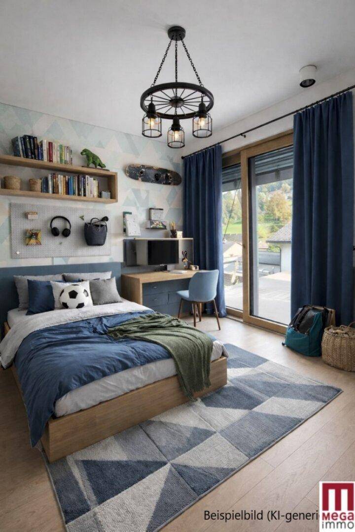 Helles Kinderzimmer mit modernem Bett, Schreibtisch und Zugang zu einem Balkon oder Garten.
