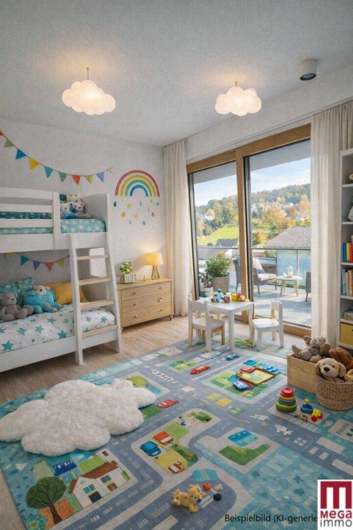 Farbenfrohes Kinderzimmer mit Etagenbett, Spielbereich und Zugang zu einem Außenbereich.