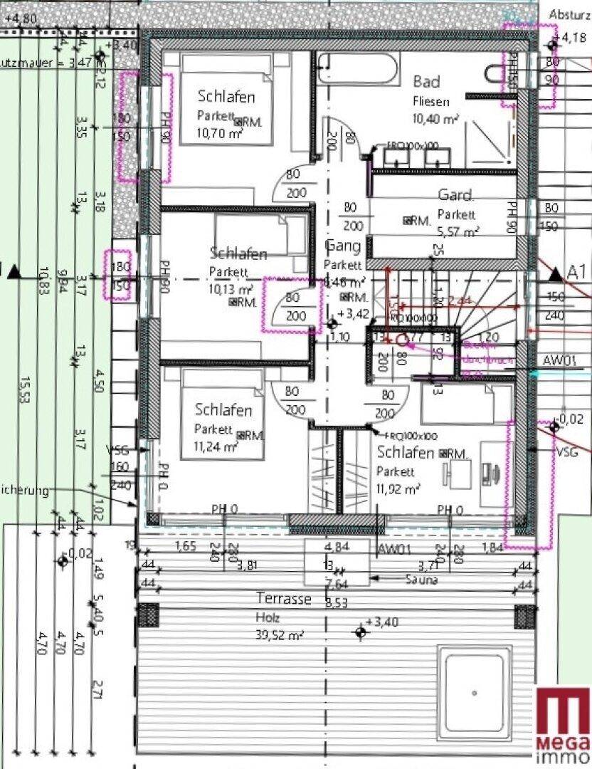 Grundriss des Obergeschosses mit mehreren Schlafzimmern, Bad und großer Terrasse mit Wellnessbereich.