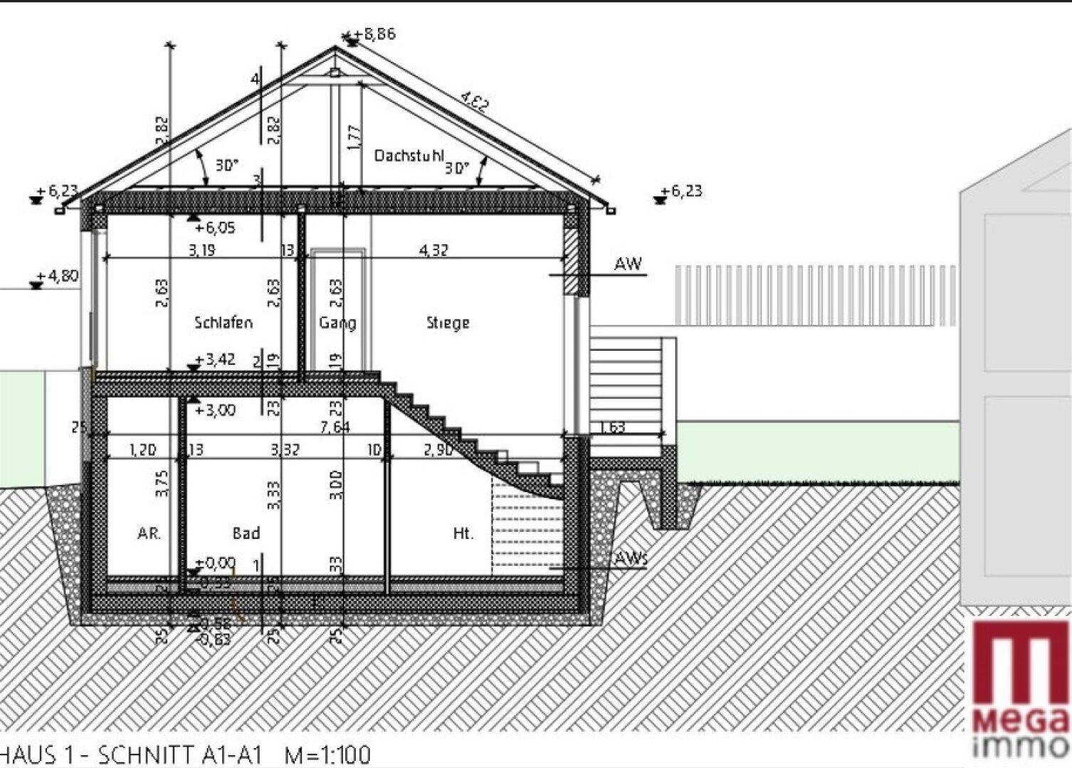 Architektonischer Schnitt von Haus 1, der die interne Struktur und Dachneigung zeigt.