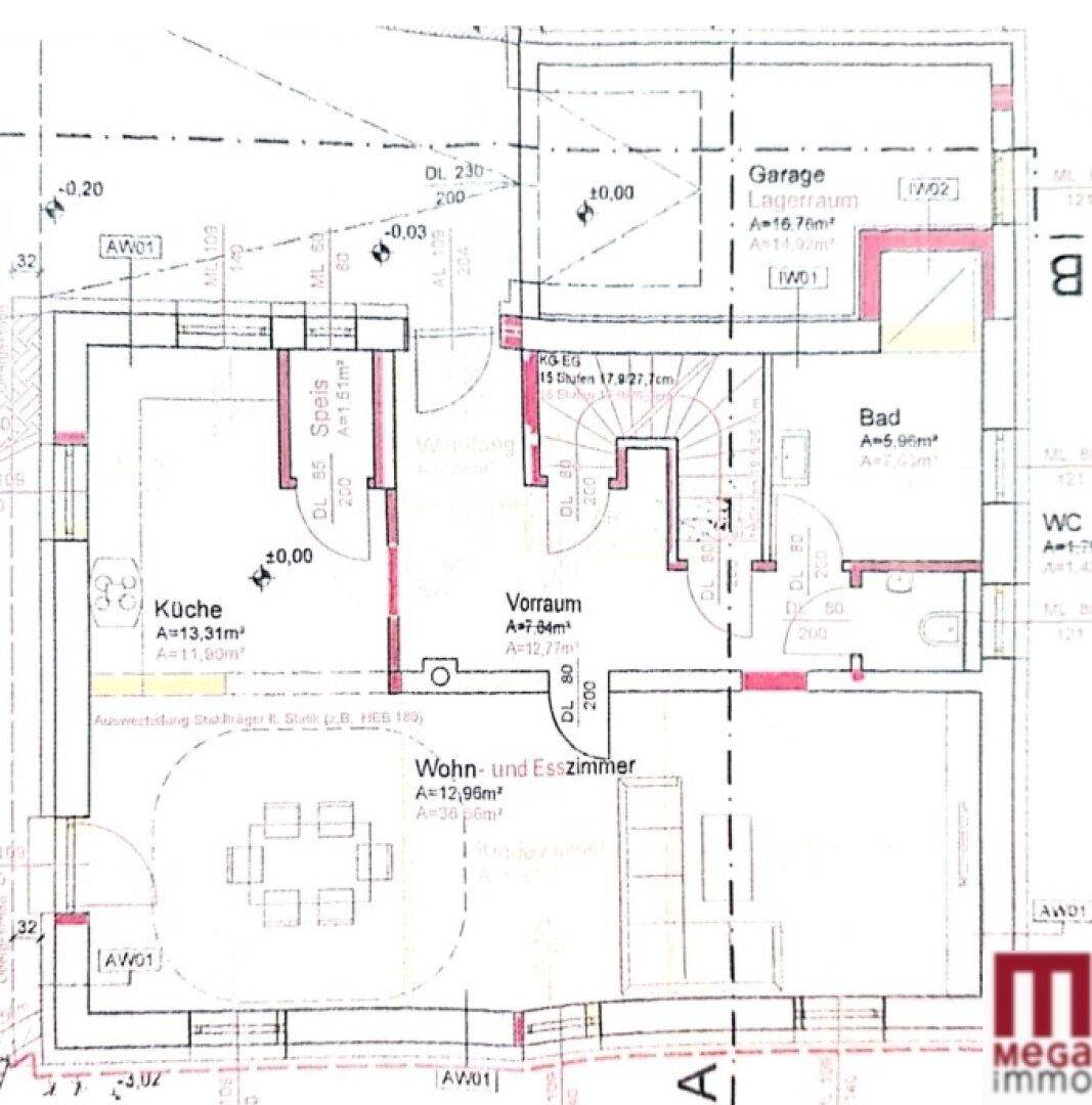 Grundriss des Erdgeschosses mit offener Küche, Wohn-Esszimmer, Bad und Garage.