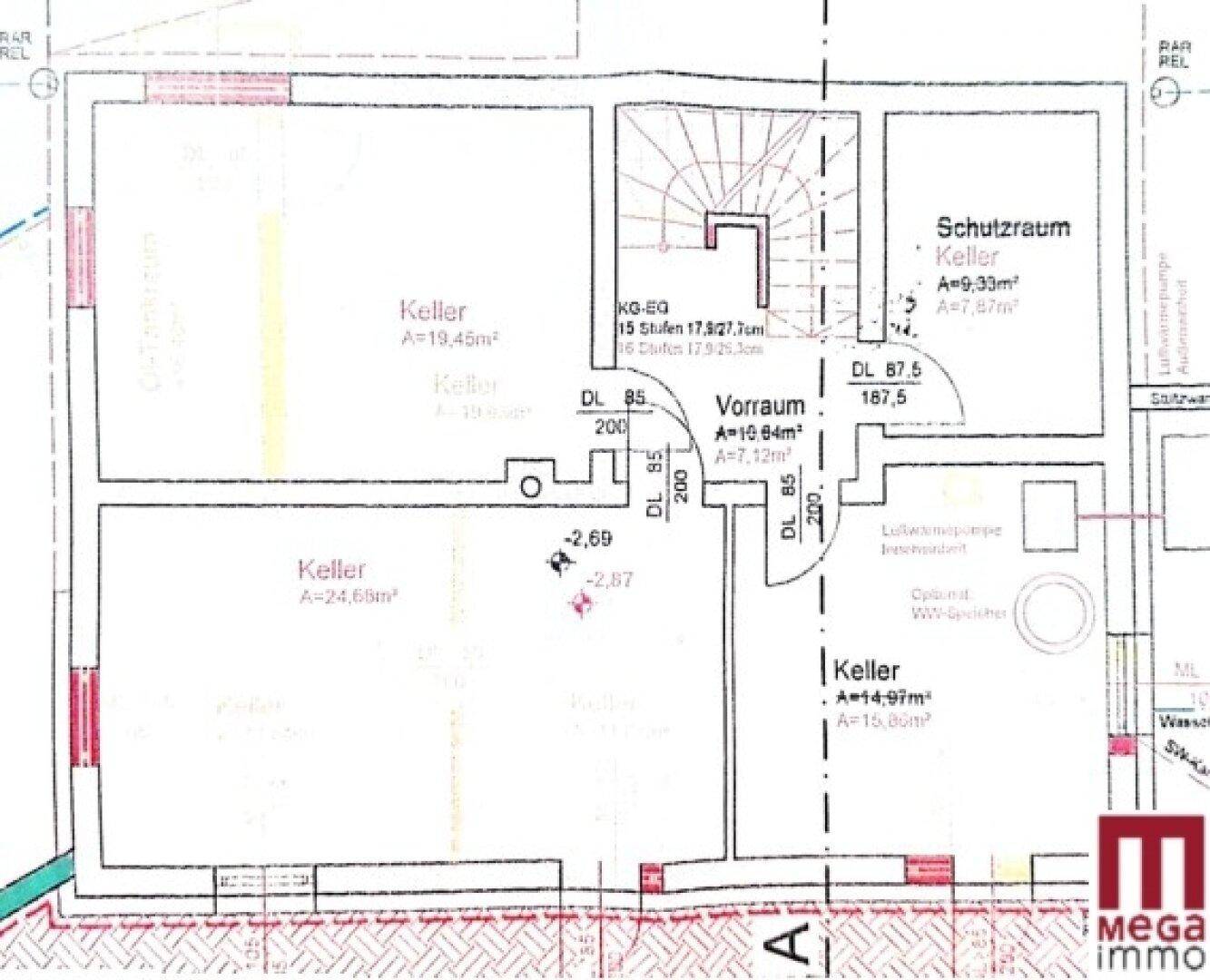 Grundriss des Kellergeschosses mit mehreren Kellerräumen und einem Schutzraum.