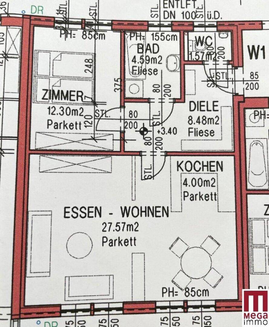 Detaillierter Grundriss mit separaten Bereichen für Wohnen, Essen, Kochen und Schlafzimmer.