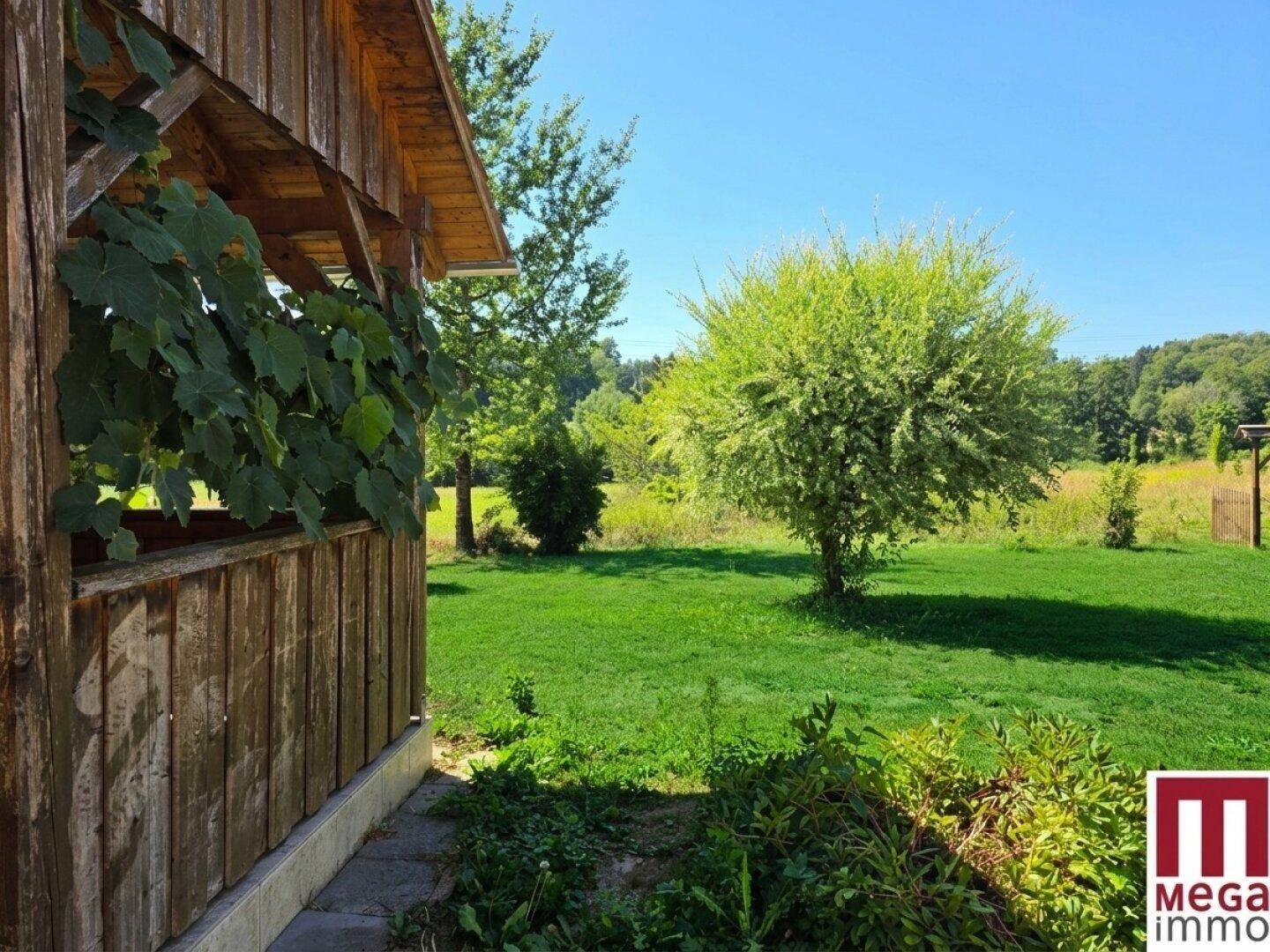 Blick auf den Holzpavillon vom Garten aus, umgeben von üppigem Grün und einem großen Baum.