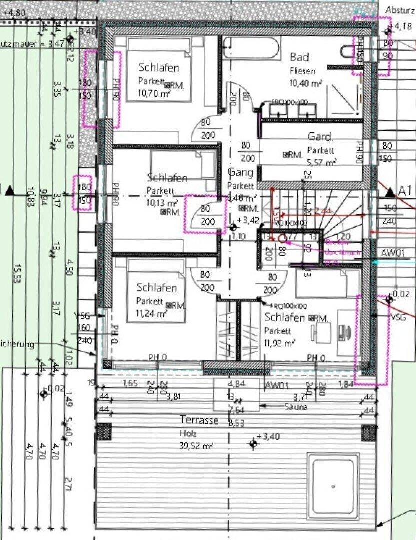 Grundriss des Obergeschosses mit mehreren Schlafzimmern, Bad und einer großen Terrasse mit Sauna.