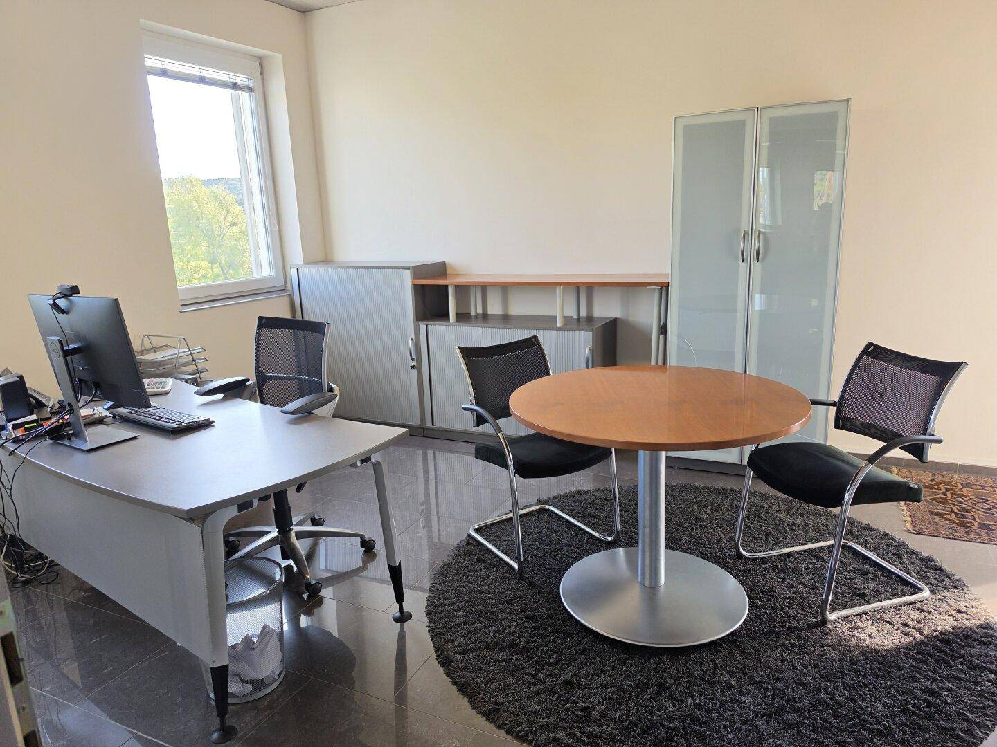 Büroraum mit einem Arbeitsplatz, einem runden Besprechungstisch und einem Fenster mit Ausblick.