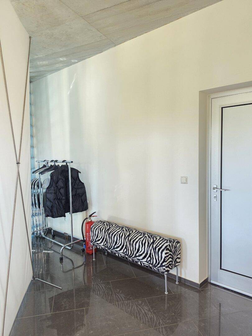 Eingangsbereich mit Garderobe, einer Zebra-Sitzbank und einer modernen Eingangstür.