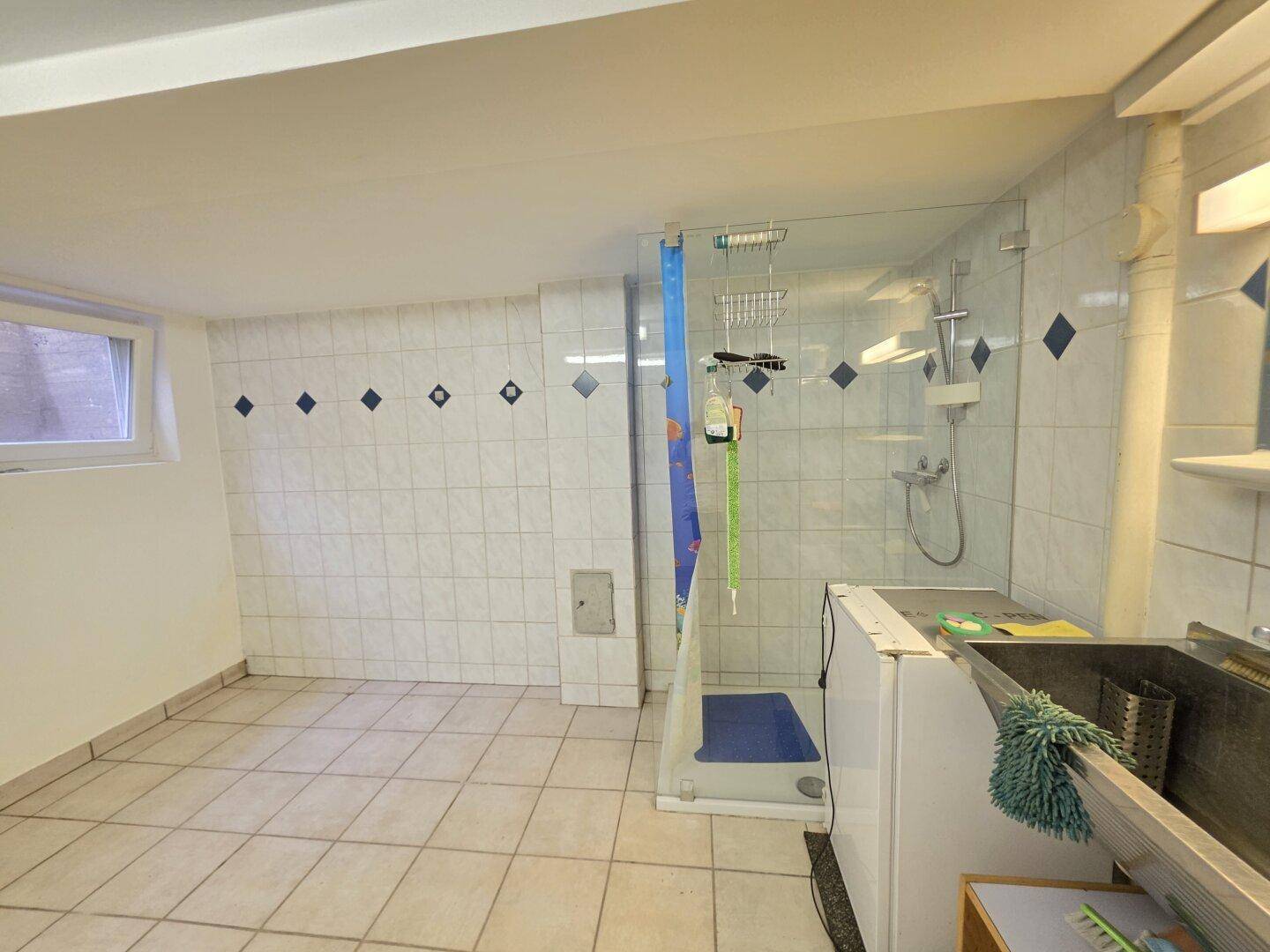 Funktionales Badezimmer im Keller mit Duschkabine, Waschbecken und gefliesten Wänden.