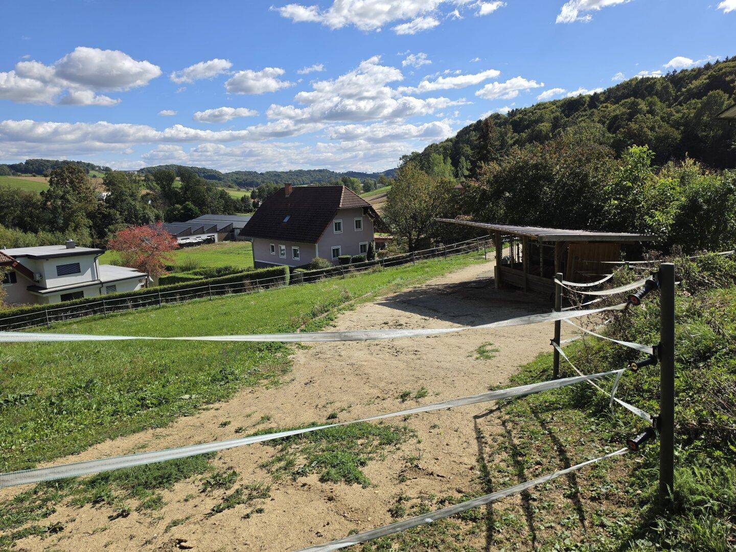Ländliche Szenerie mit weiten Feldern, Zäunen und einem Unterstand für Tiere.