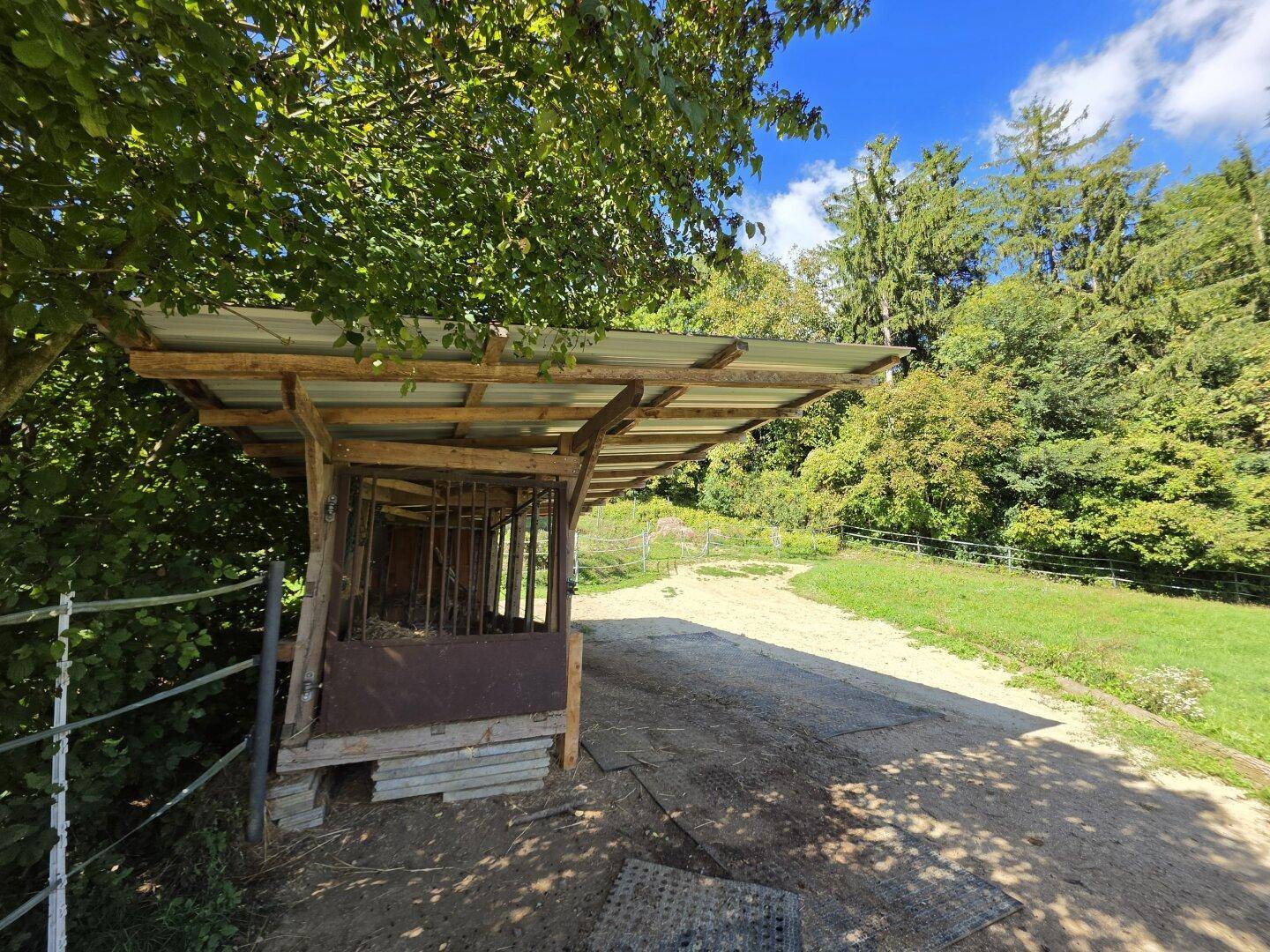 Seitenansicht des Holzunterstands mit einem Feldweg, der in die grüne Landschaft führt.