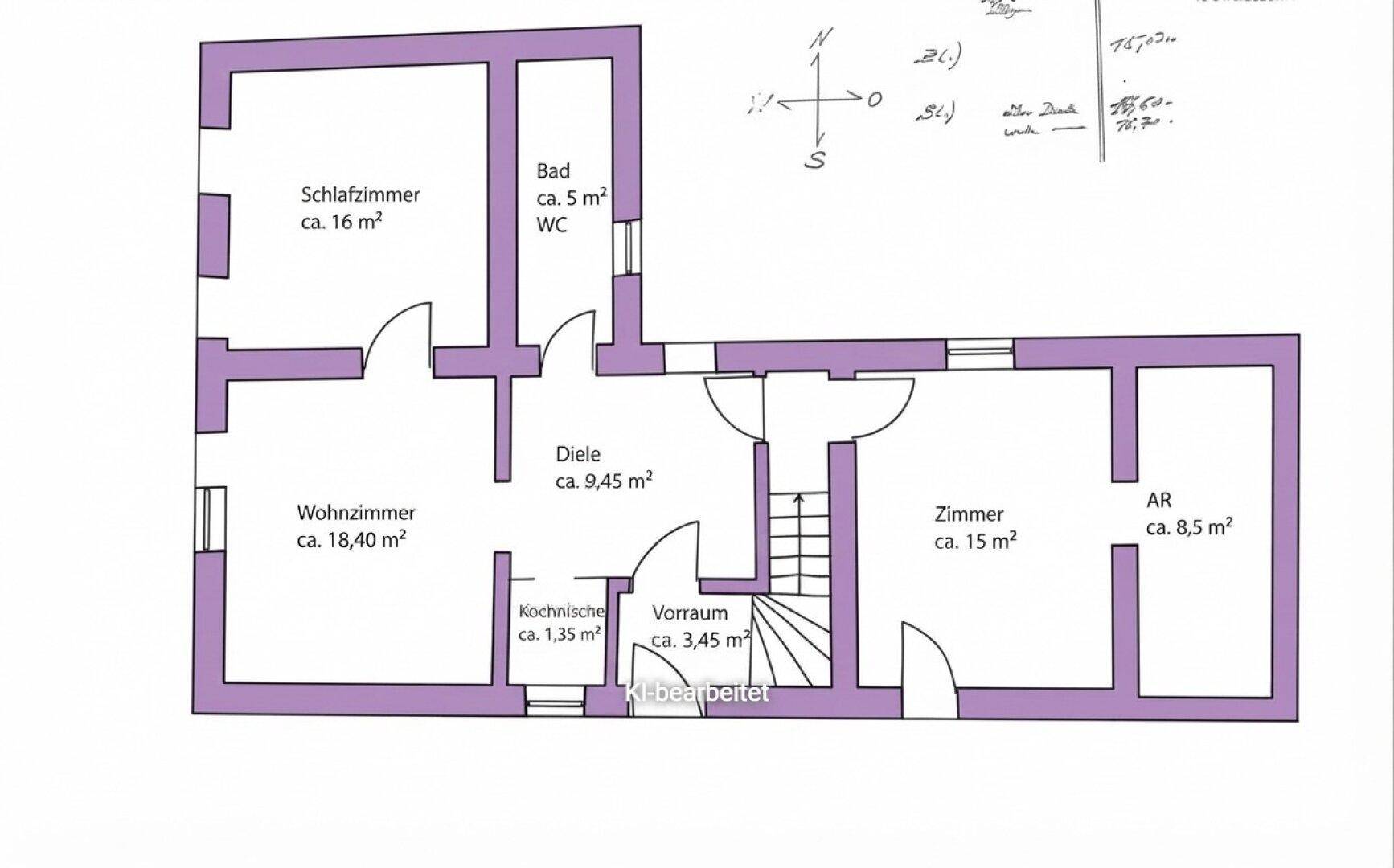 Detaillierter Grundrissplan mit Schlafzimmer, Wohnzimmer, Bad, Kochnische und separatem Abstellraum.