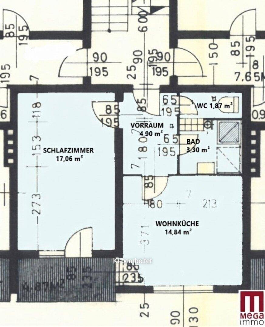 Grundriss einer Wohnung mit Schlafzimmer, offener Wohnküche, Badezimmer und separatem WC.