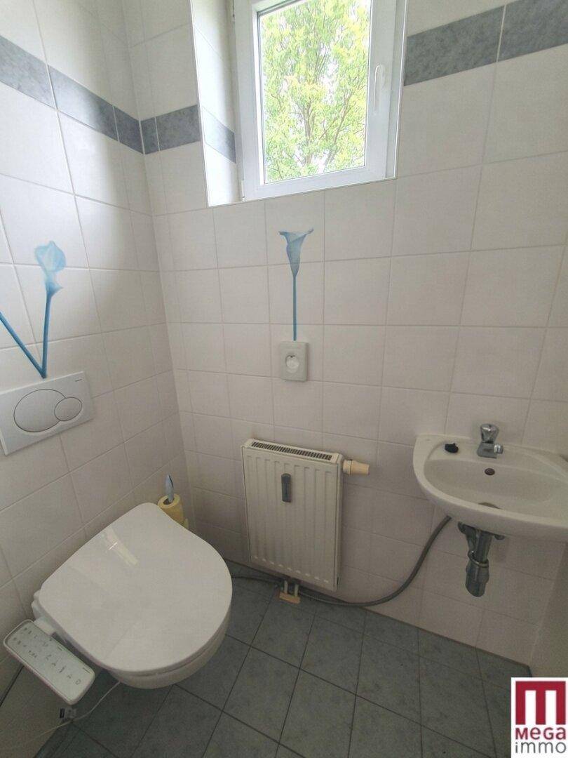 Separates WC mit Toilette, kleinem Waschbecken und Fenster, gefliest mit blauen Akzenten.