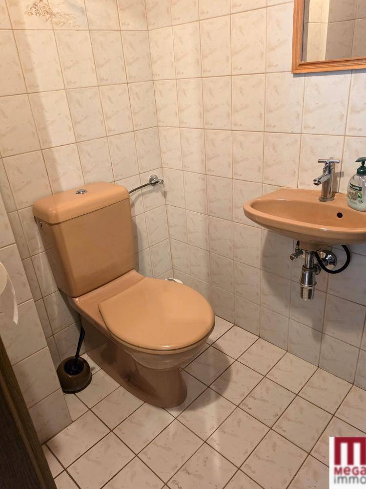 Kleines Gäste-WC mit WC und Handwaschbecken, gefliest in Pastellfarben.