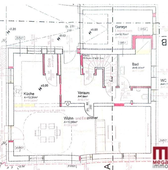 Grundriss des Erdgeschosses mit offener Küche, Wohn- und Esszimmer sowie Garage.