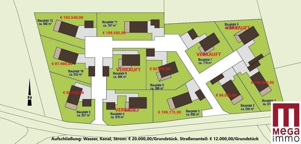 Übersichtsplan eines Neubauprojekts mit mehreren Einfamilienhäusern und verfügbaren Bauplätzen.