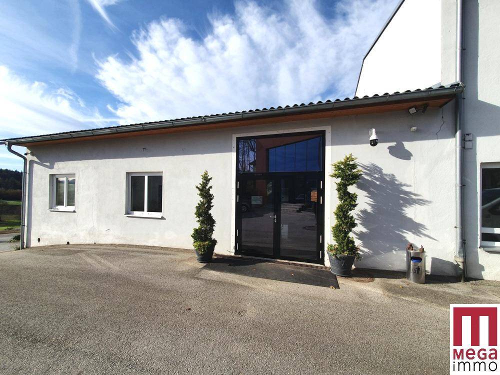 Haupteingang des Gebäudes mit großen Glastüren und dekorativen Pflanzen unter blauem Himmel.