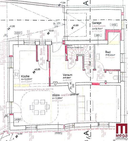 Grundriss des Erdgeschosses mit offener Küche, Wohn- und Esszimmer sowie Garage.