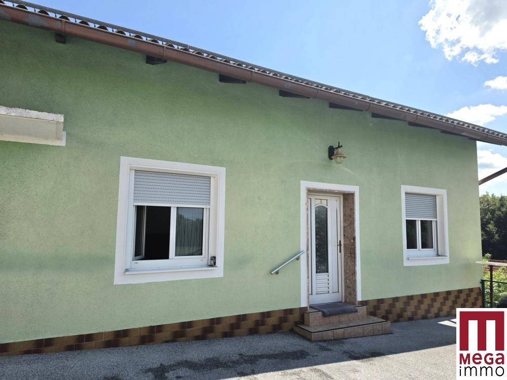 Eingangsbereich des Hauses mit grüner Fassade, Rollläden und kleiner Treppe.
