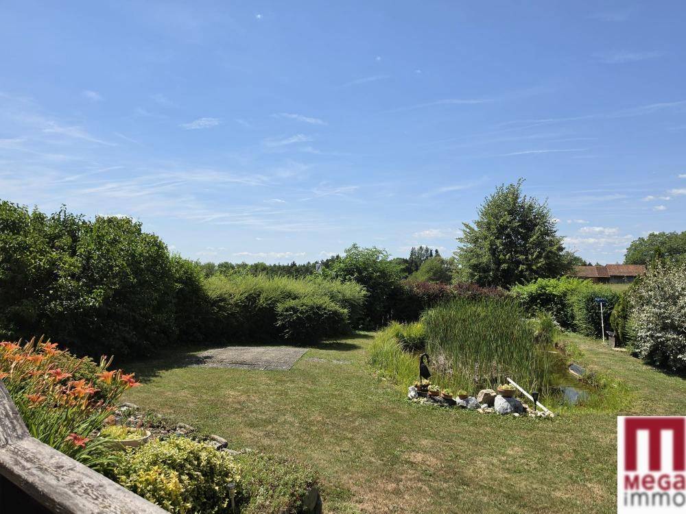 Großer Garten mit Teich, Rasenfläche und üppiger Bepflanzung.