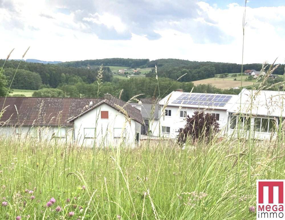 Weitläufige Landschaft mit grünen Feldern und Wäldern, umgeben von ländlicher Bebauung und einem Gebäude mit Solaranlage.