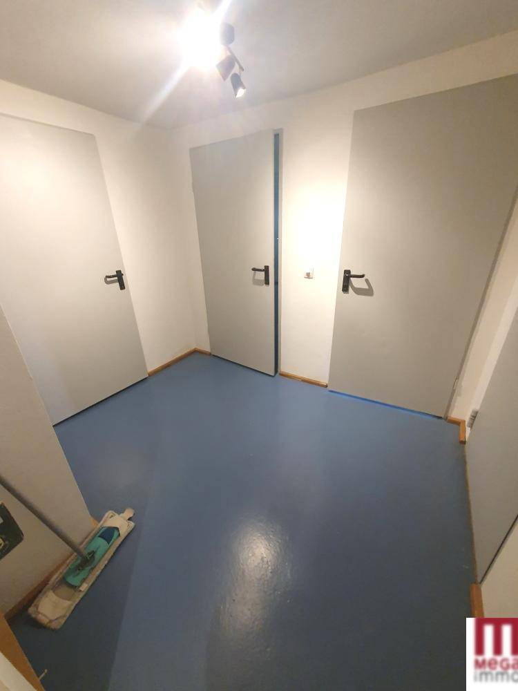 Kellerraum mit mehreren Türen und blauem Boden, ideal als Abstellraum oder Lager.