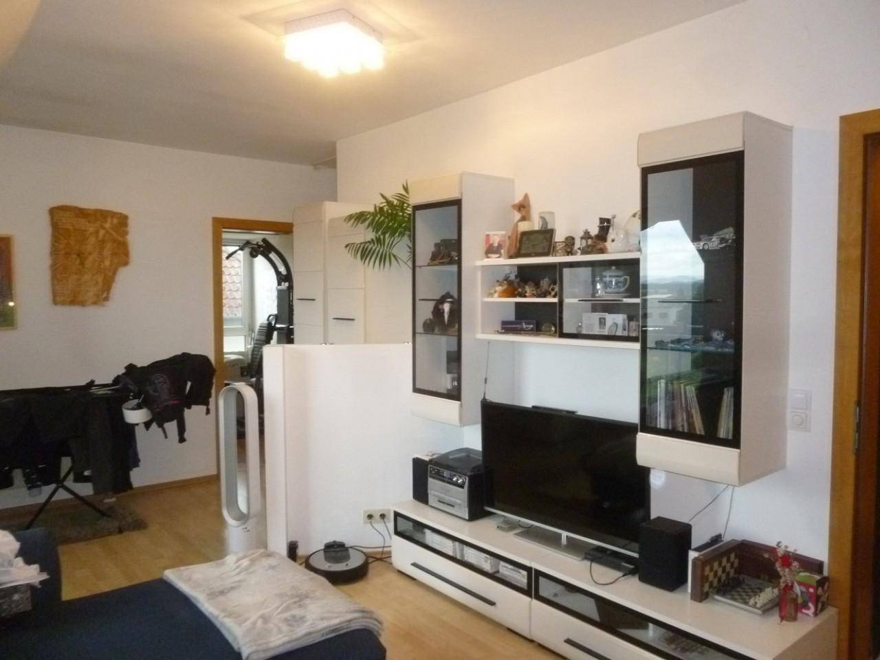 Wohnzimmer mit modernem TV-Möbel, Vitrinen und hellem Holzboden.